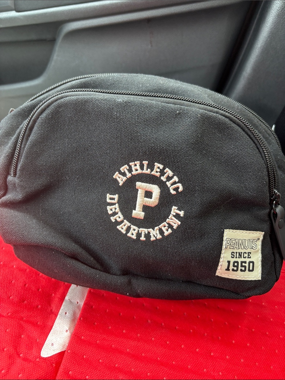 Peanuts Black Athletic Department Belt Bag with White Embroidery